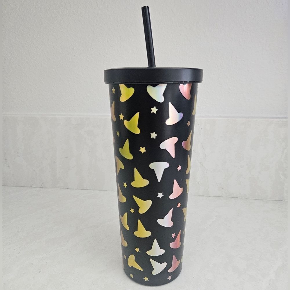 Kirklands Black Tumbler with Colorful Witch Hat Design